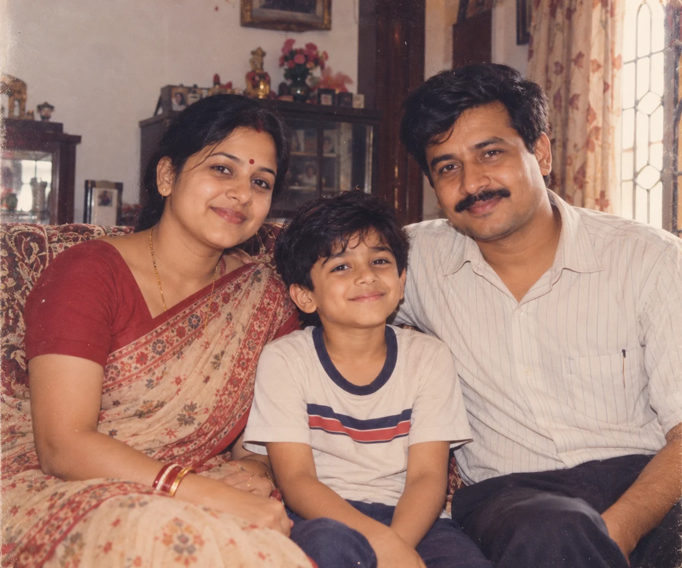 Vintage AI childhood family album portrait with a child and parents in a warm home setting