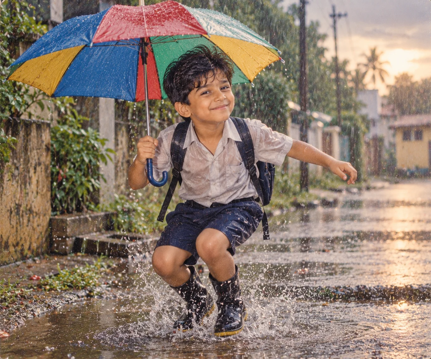 Cinematic AI childhood monsoon photograph showing a child playing in the rain with nostalgic lighting