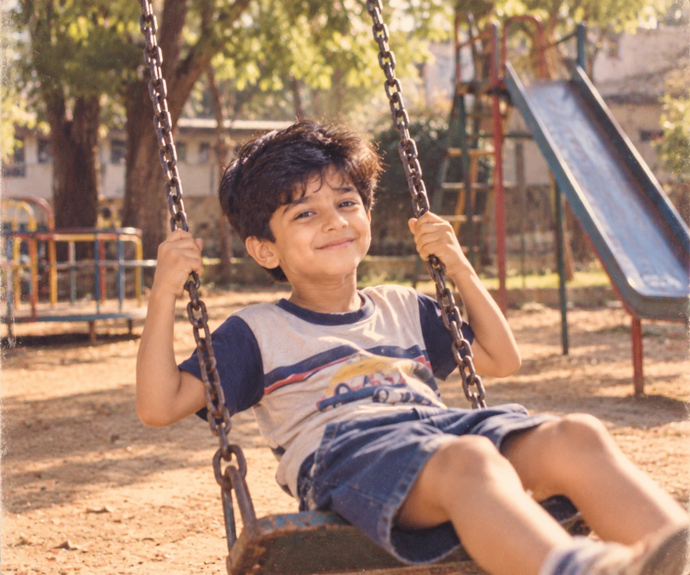 Realistic AI childhood playground photograph with nostalgic colors and natural outdoor lighting