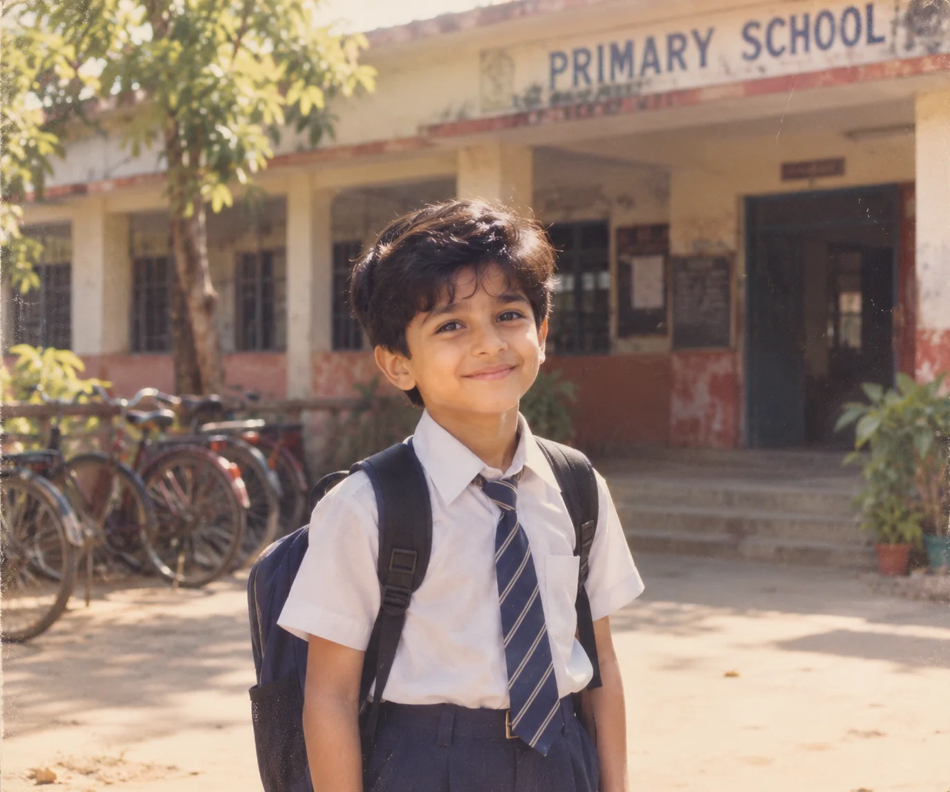 Nostalgic AI childhood school photograph with a realistic child standing outside an old school