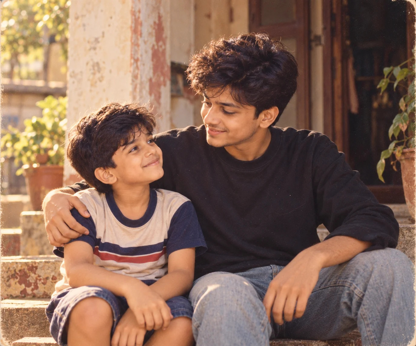 Emotional AI portrait showing a realistic adult version of a person beside their childhood self