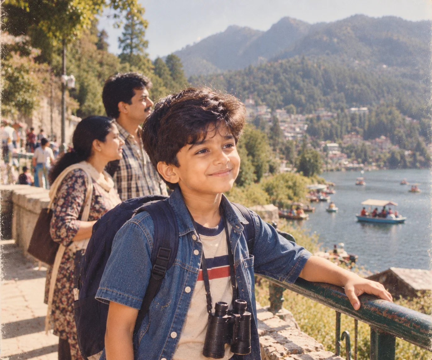 Nostalgic AI childhood vacation photograph with a child exploring a scenic travel destination