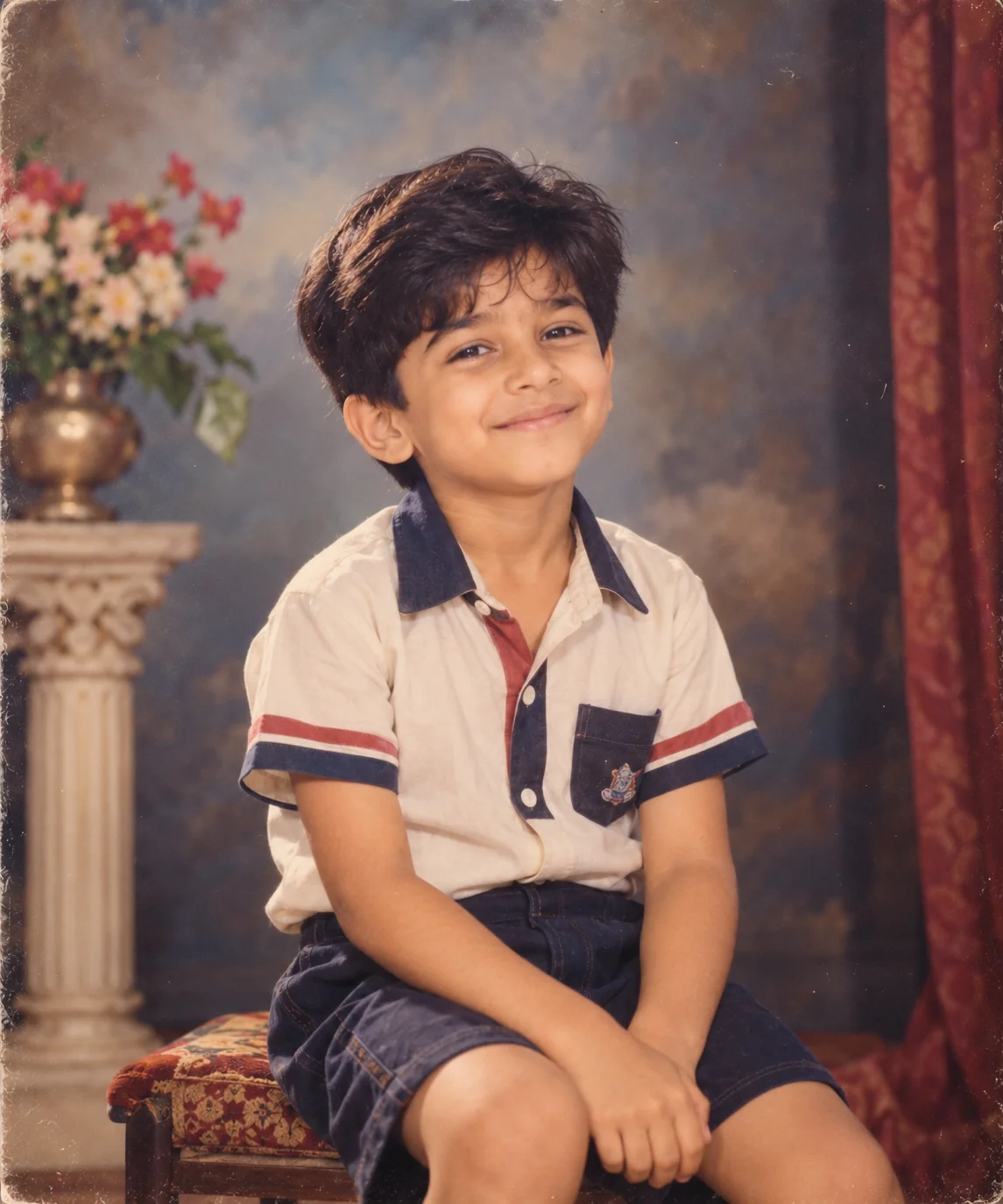 Retro AI childhood studio portrait with vintage backdrop, classic clothing, and analog photography