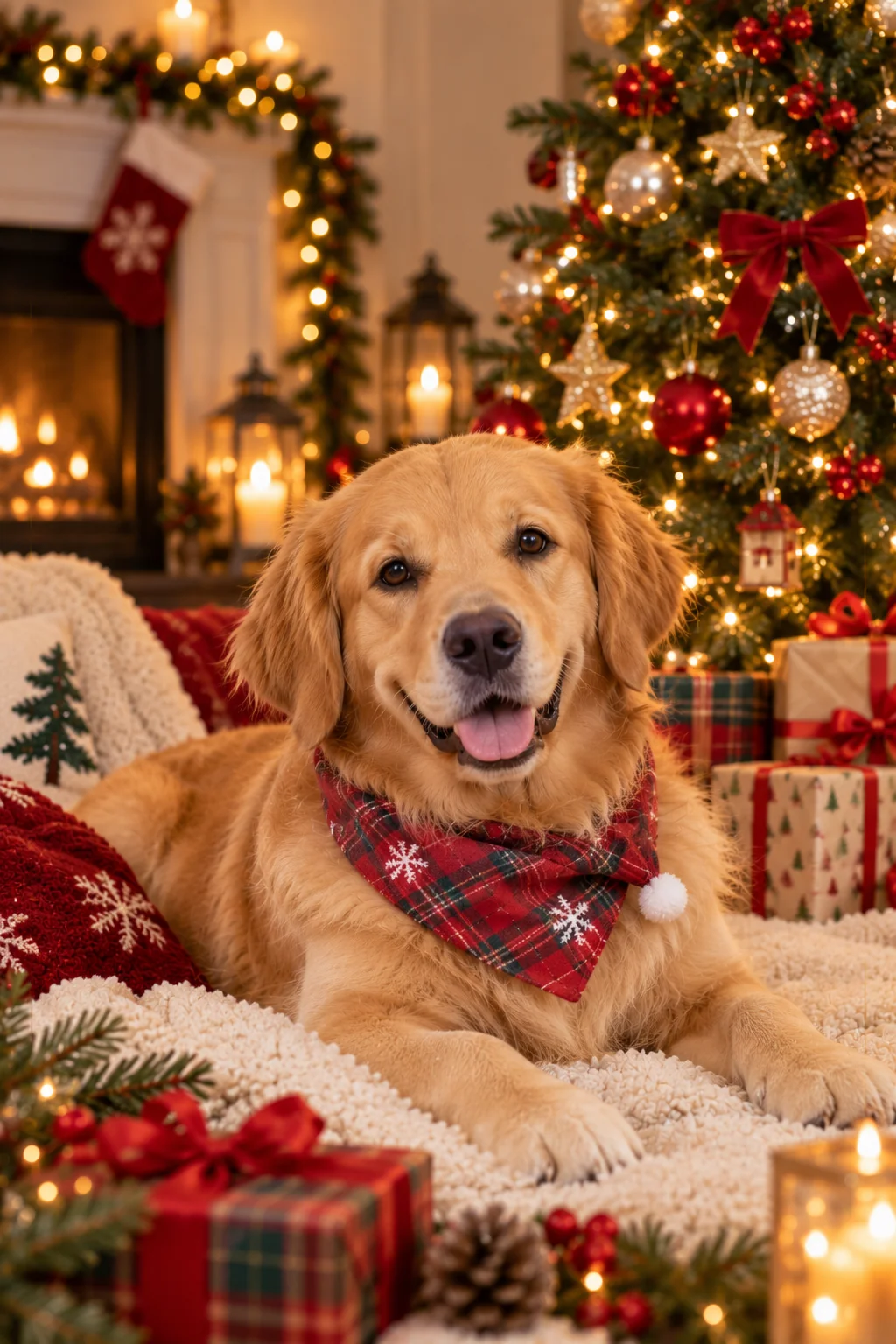 Festive Christmas pet greeting card featuring a recognizable dog wearing a tasteful holiday bandana beside wrapped gifts
