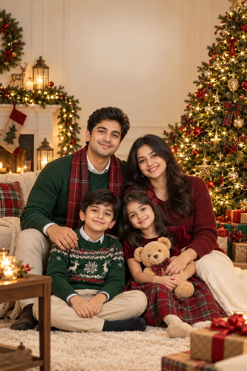 Classic family Christmas greeting card with coordinated festive outfits, a decorated evergreen tree, and warm golden lights