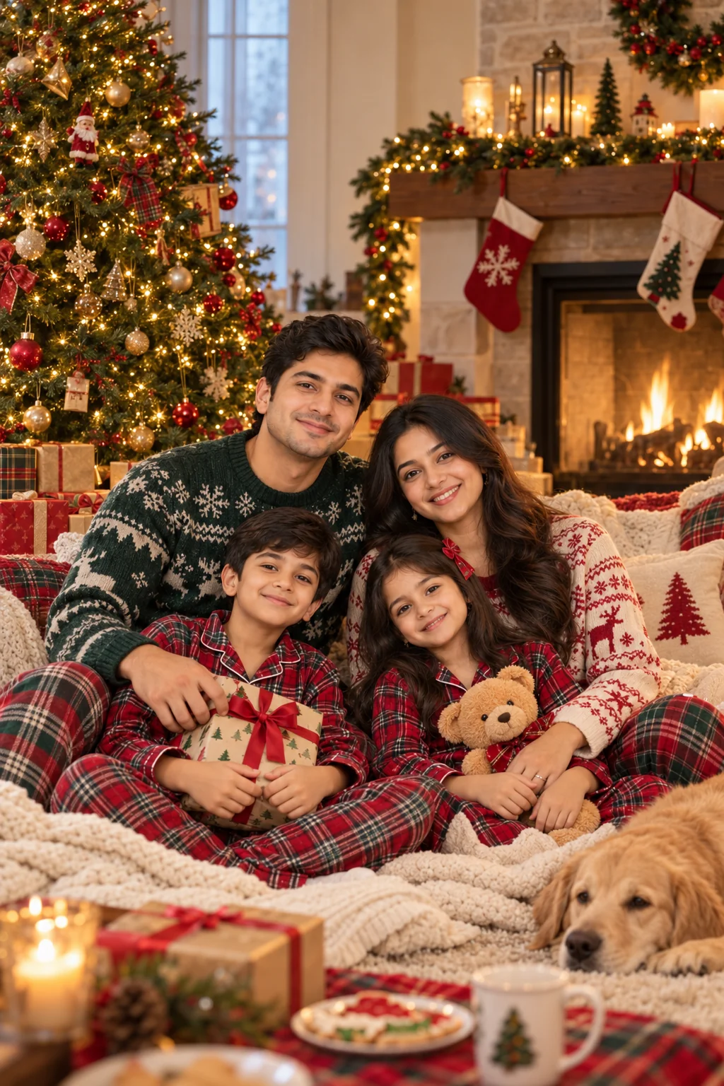 Cozy family Christmas card showing loved ones in festive pajamas beside a fireplace and glowing Christmas tree