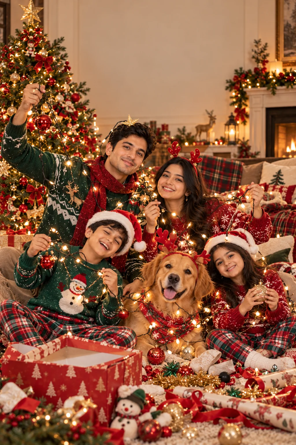 Humorous Christmas greeting card featuring a family in playful festive sweaters surrounded by oversized but realistic holiday decorations