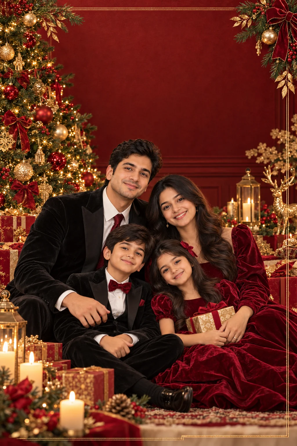 Luxury Christmas greeting card with an elegant portrait, deep red background, gold ornaments, and refined festive details