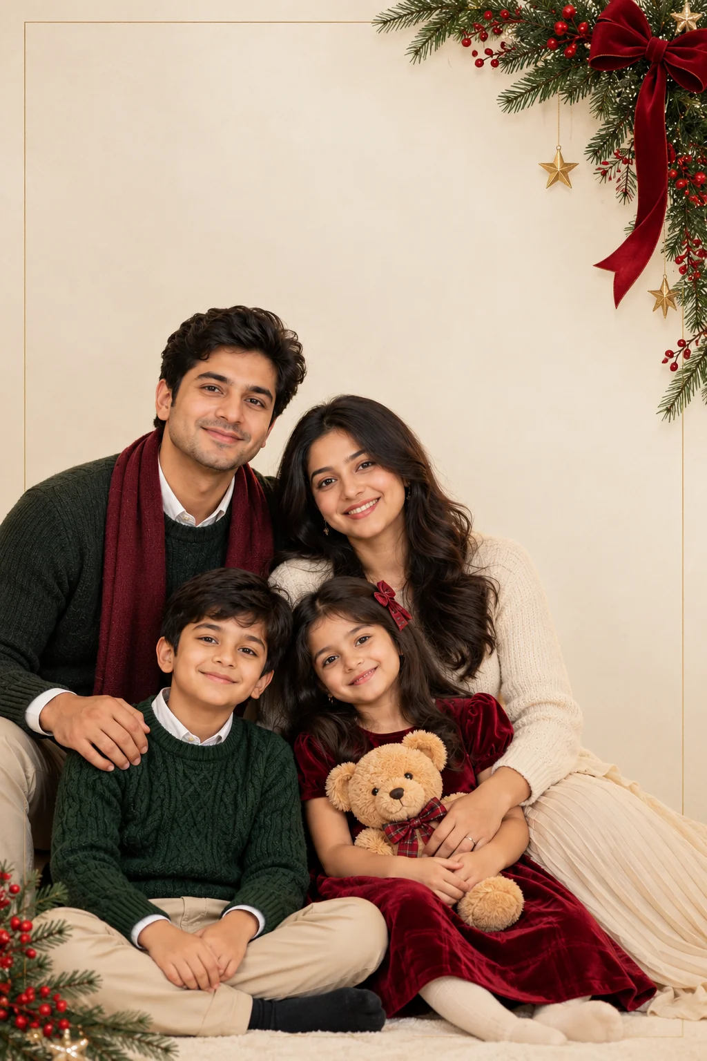 Minimalist Christmas greeting card with a refined family portrait, neutral colors, subtle evergreen branches, and generous white space