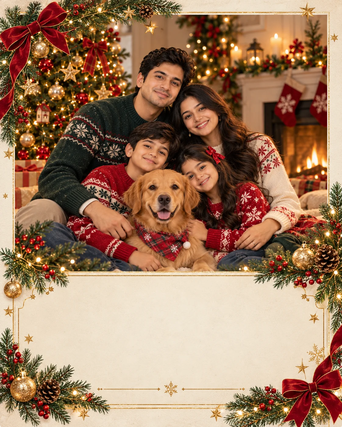 Digital Christmas greeting card with a personalized portrait, elegant evergreen decorations, festive lights, and space for a custom holiday message