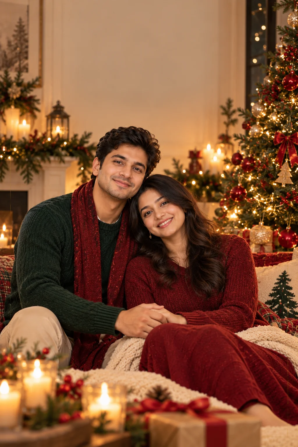 Romantic Christmas card featuring a couple beside a decorated tree with warm candlelight and elegant festive clothing