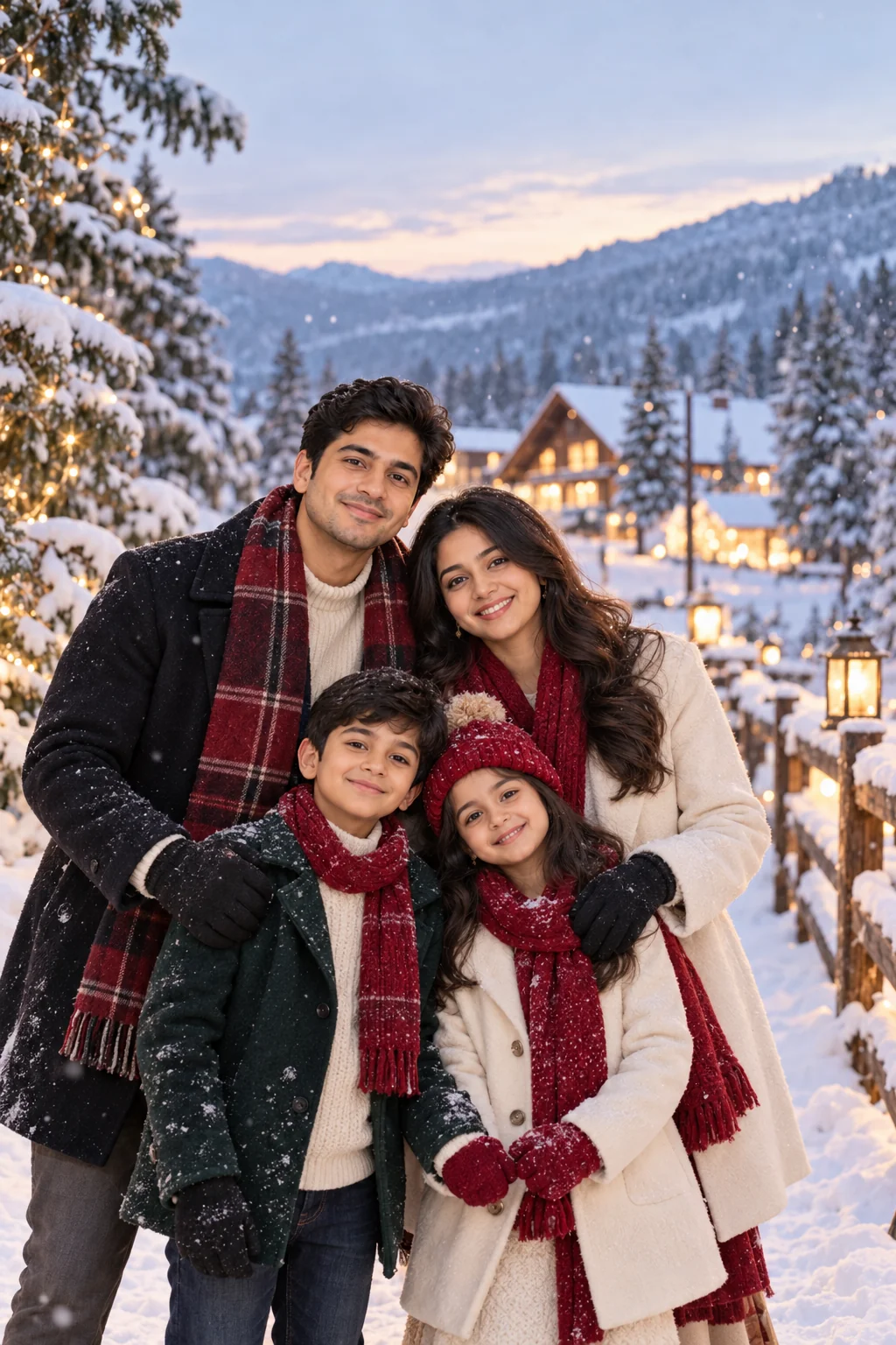 Winter wonderland Christmas card with a couple in elegant winter clothing surrounded by snow-covered pine trees