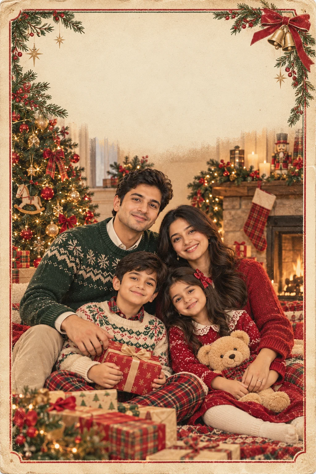 Retro-inspired Christmas greeting card with a recognizable family portrait, muted festive colors, and nostalgic printed-paper texture