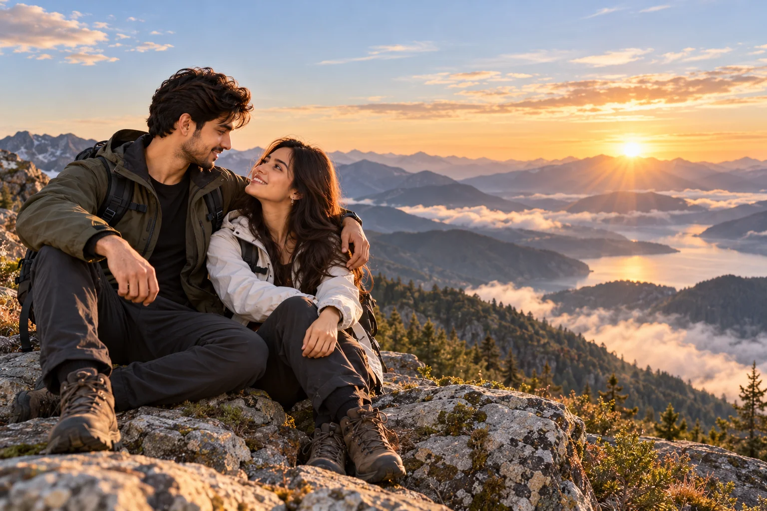 Outdoor couple standing on a mountain overlook with layered peaks and a dramatic natural landscape