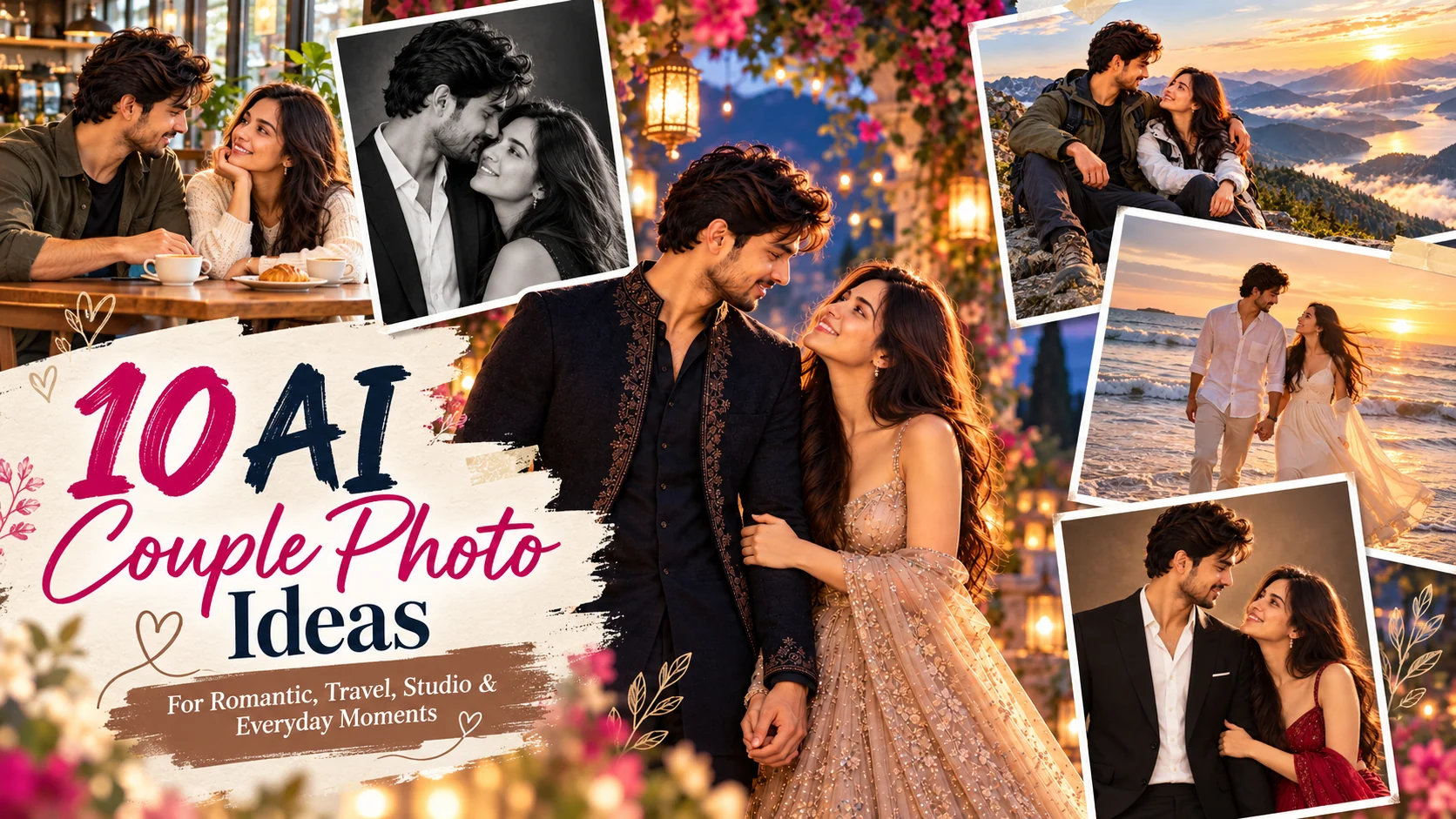 Romantic couple standing together during golden hour with cinematic lighting and natural expressions