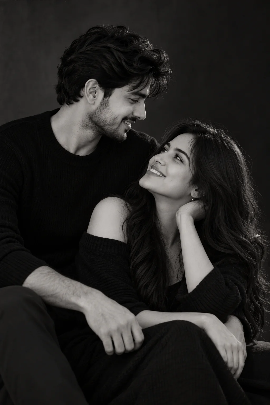 Expressive black-and-white fine-art portrait of a couple with sculpted light and deep tonal contrast