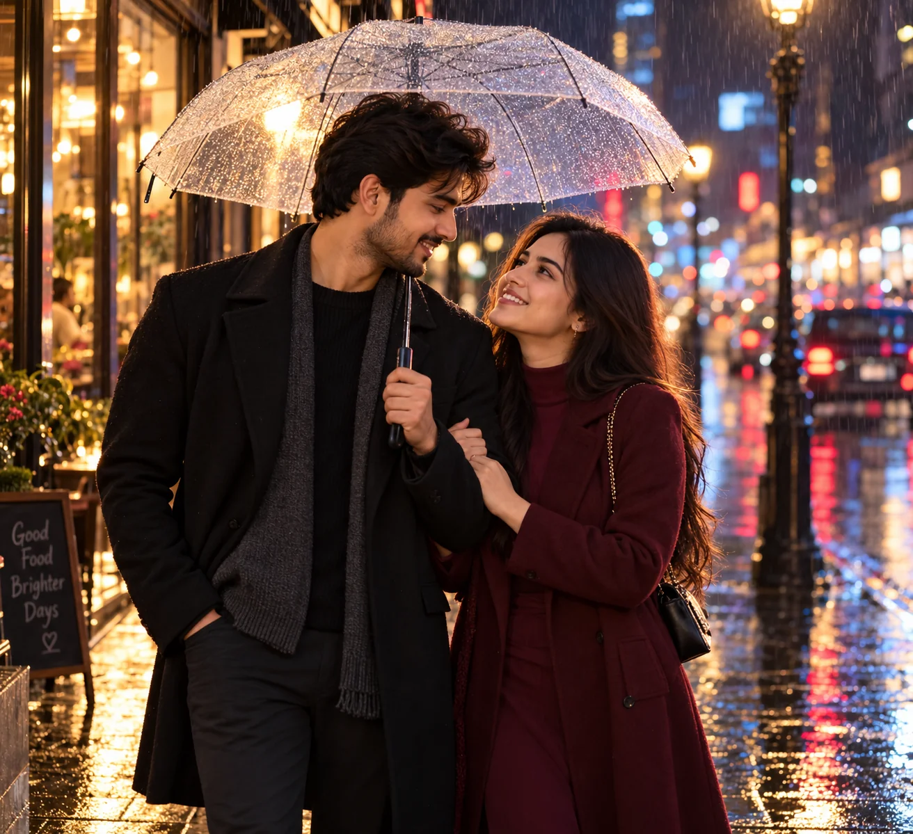 Couple standing beneath city lights on a rainy night with colorful reflections on wet pavement