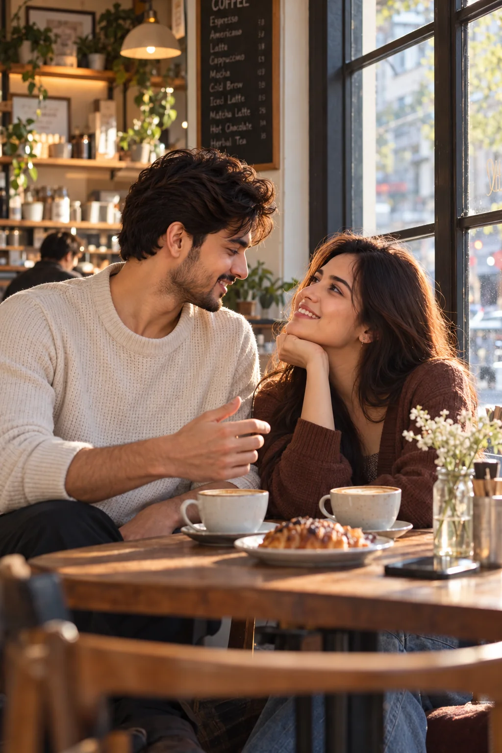 Couple enjoying coffee together beside a cafe window in a candid lifestyle photograph