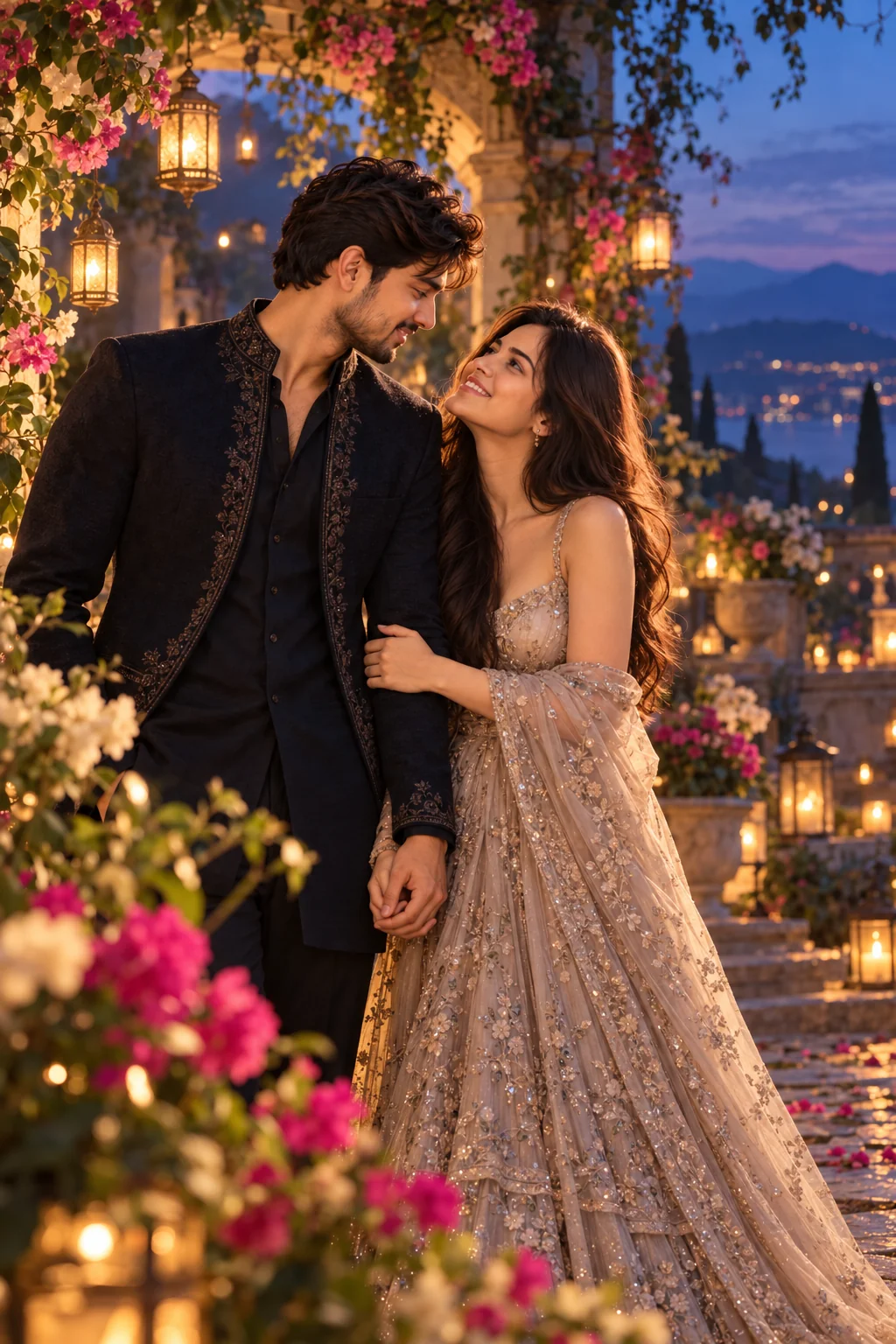Dreamlike fantasy portrait of a couple in an enchanted garden with glowing lanterns and atmospheric mist