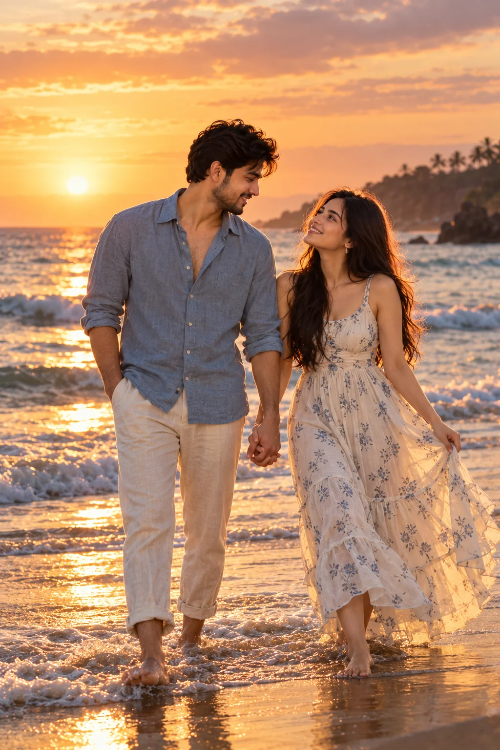 Romantic couple holding hands on a beach at sunset with glowing ocean reflections and dramatic backlighting