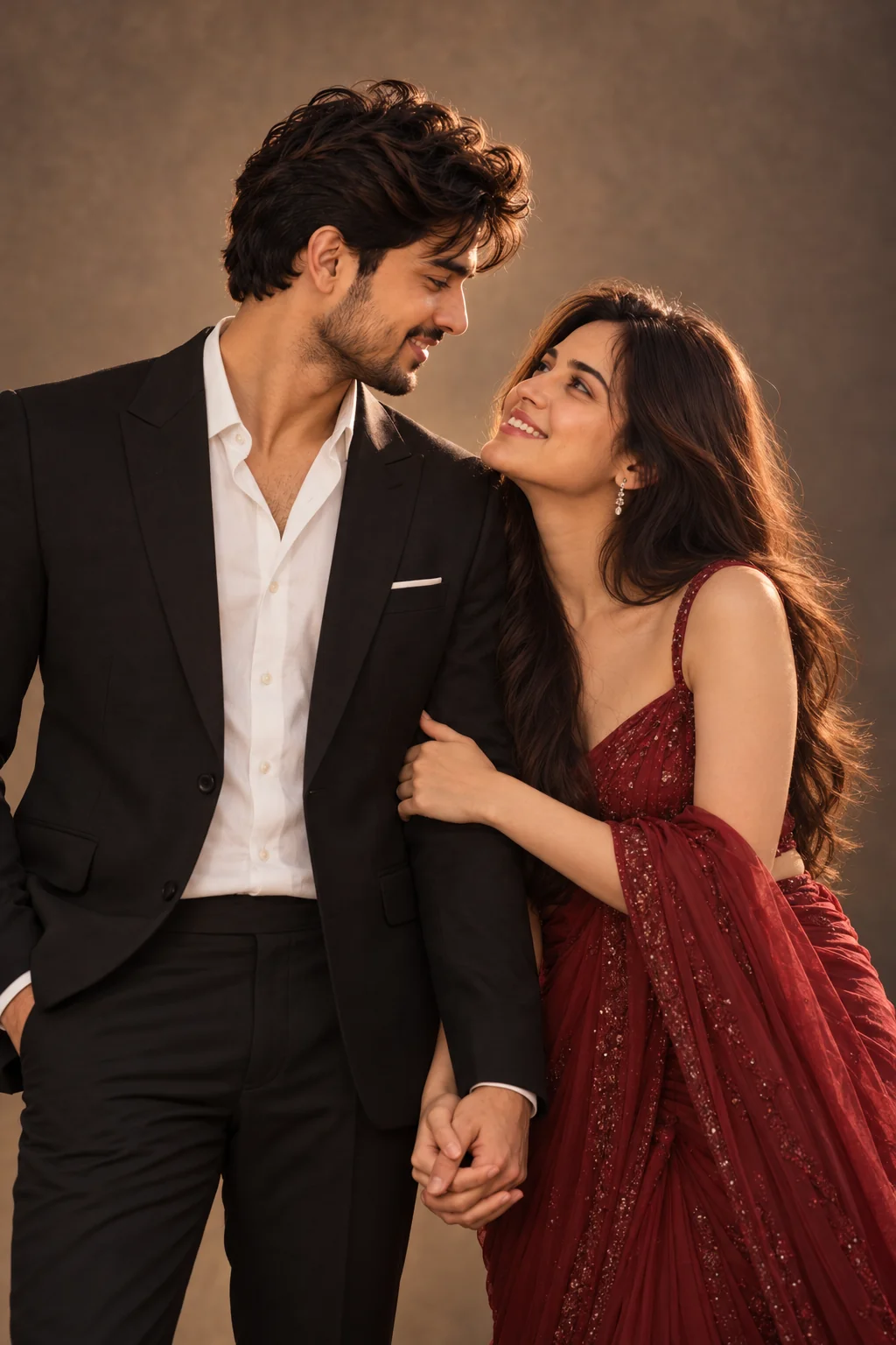 Elegant anniversary portrait of a couple in formal attire against a refined neutral studio backdrop