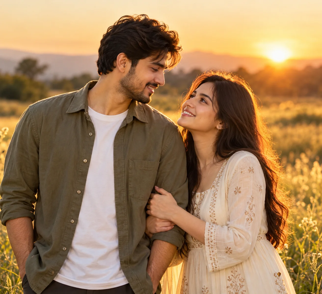 Romantic couple portrait in warm golden-hour sunlight with soft natural colors and an outdoor background