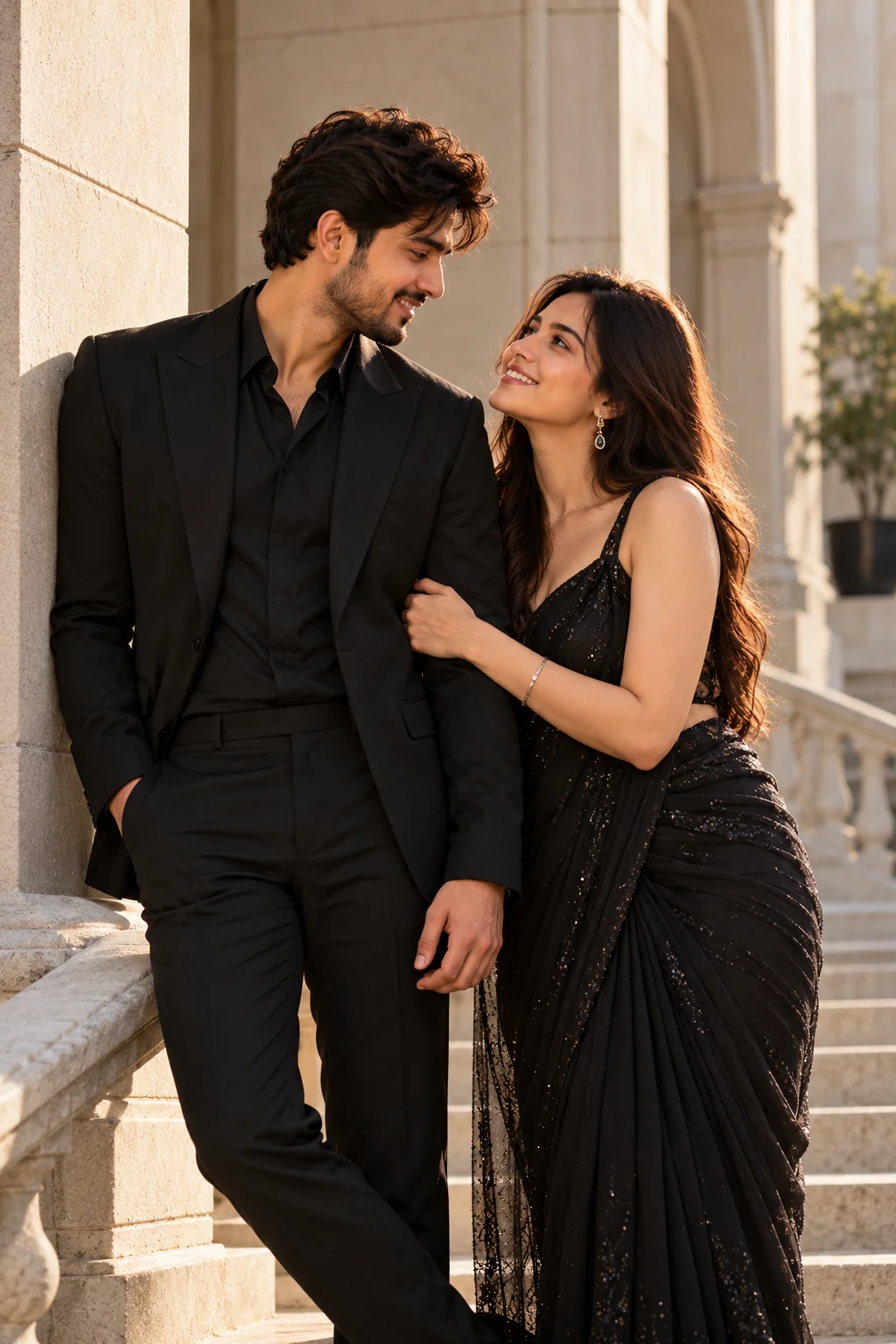 Stylishly dressed couple in a luxury fashion editorial portrait with sculptural architecture and refined lighting