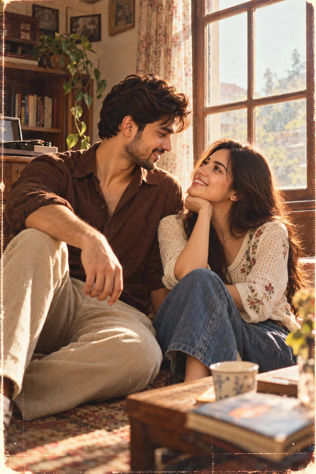 Couple sharing a candid moment in a nostalgic vintage film photograph with muted colors and natural grain