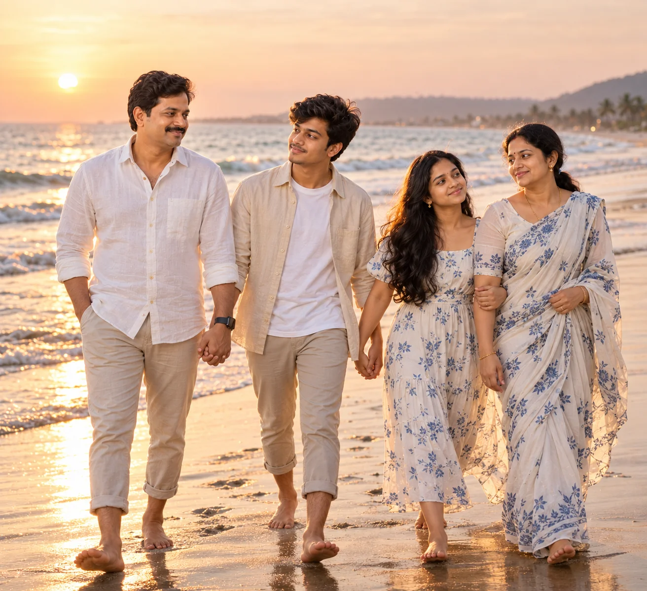 Cinematic AI family beach portrait at sunset with warm light and ocean background