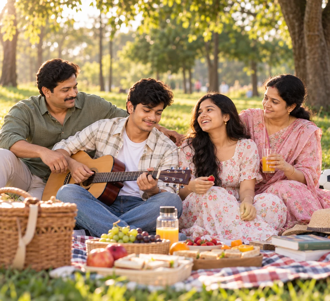 Candid AI family picnic photograph with parents and children laughing outdoors