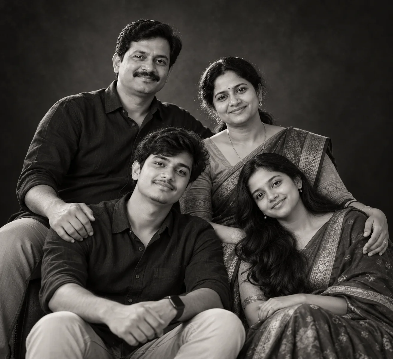 Black and white cinematic AI family portrait with dramatic studio lighting and timeless composition