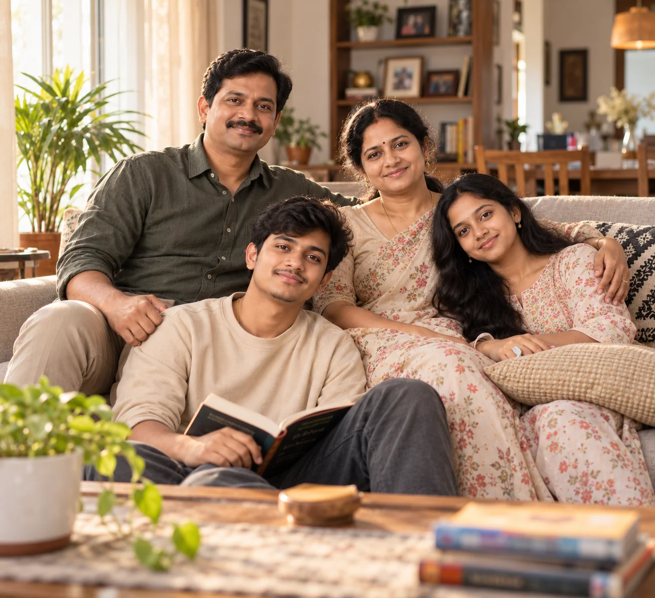 Natural AI family lifestyle portrait at home with parents and children enjoying a cozy moment