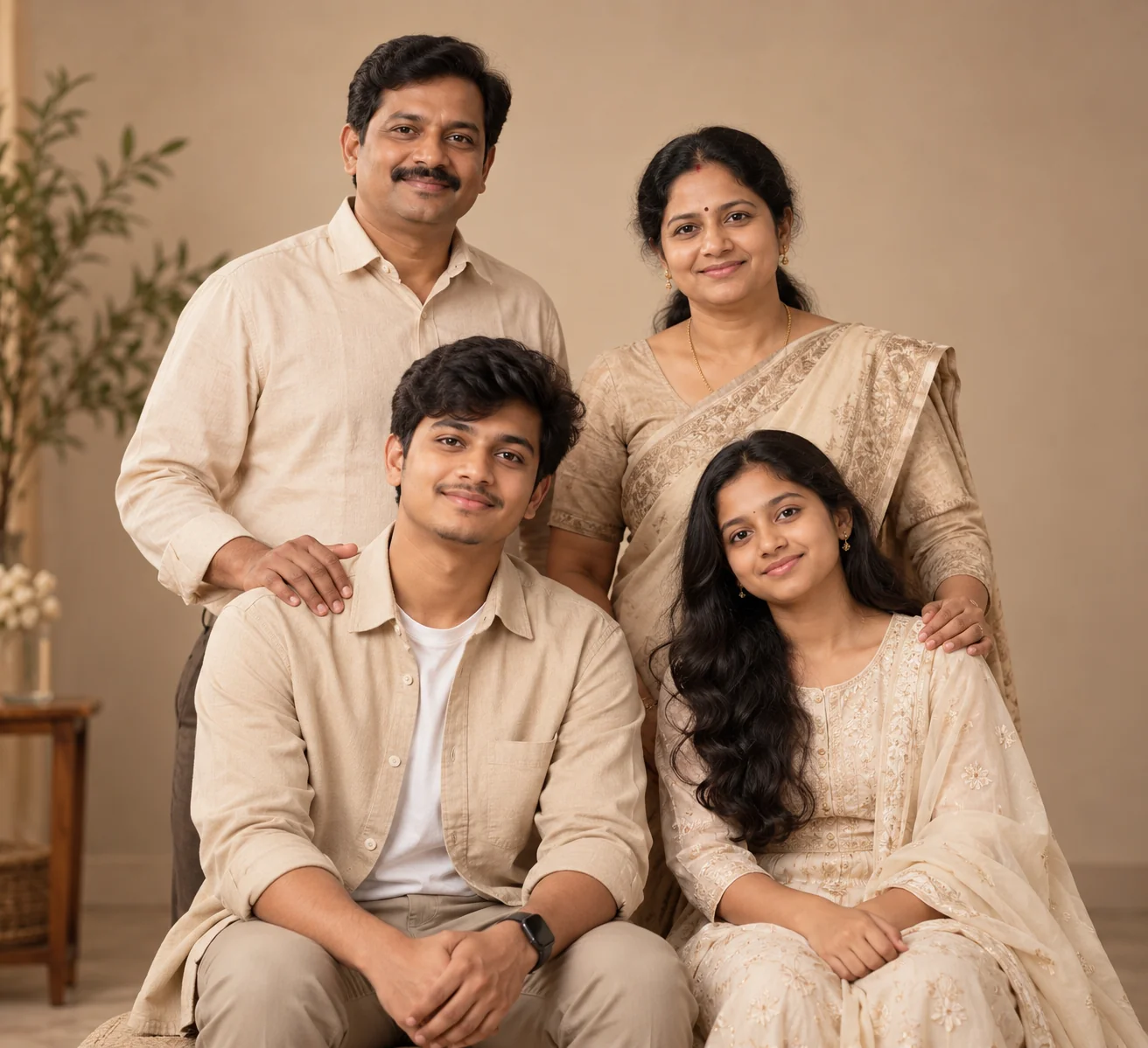 Elegant realistic AI family studio portrait with coordinated outfits and professional lighting