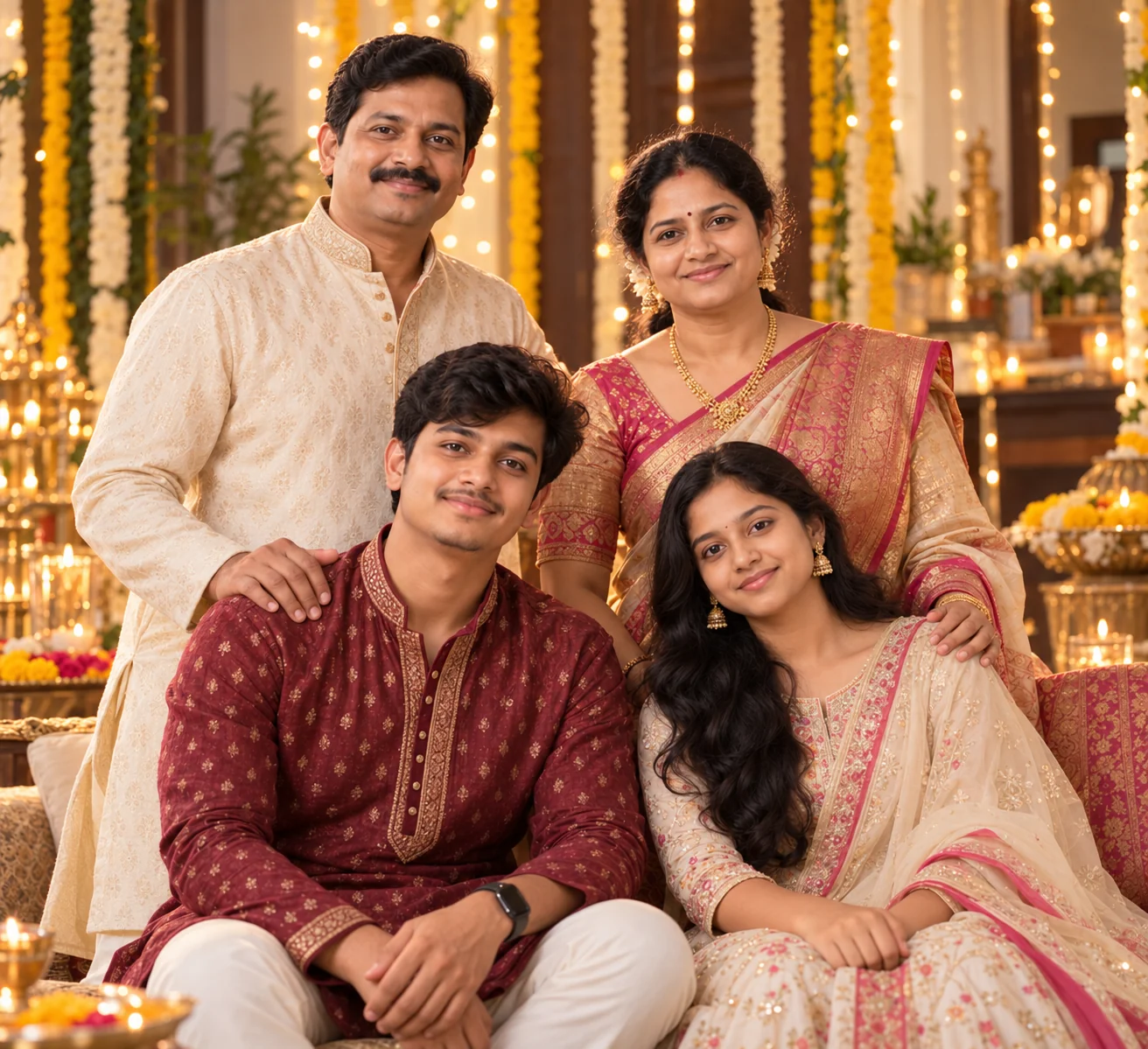 Festive AI family portrait with traditional clothing, warm lights, flowers, and celebration decorations