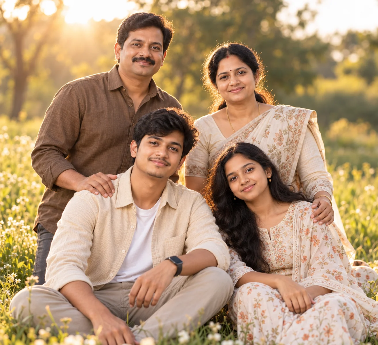 Family AI photo during golden hour with warm sunlight, natural poses, and outdoor scenery