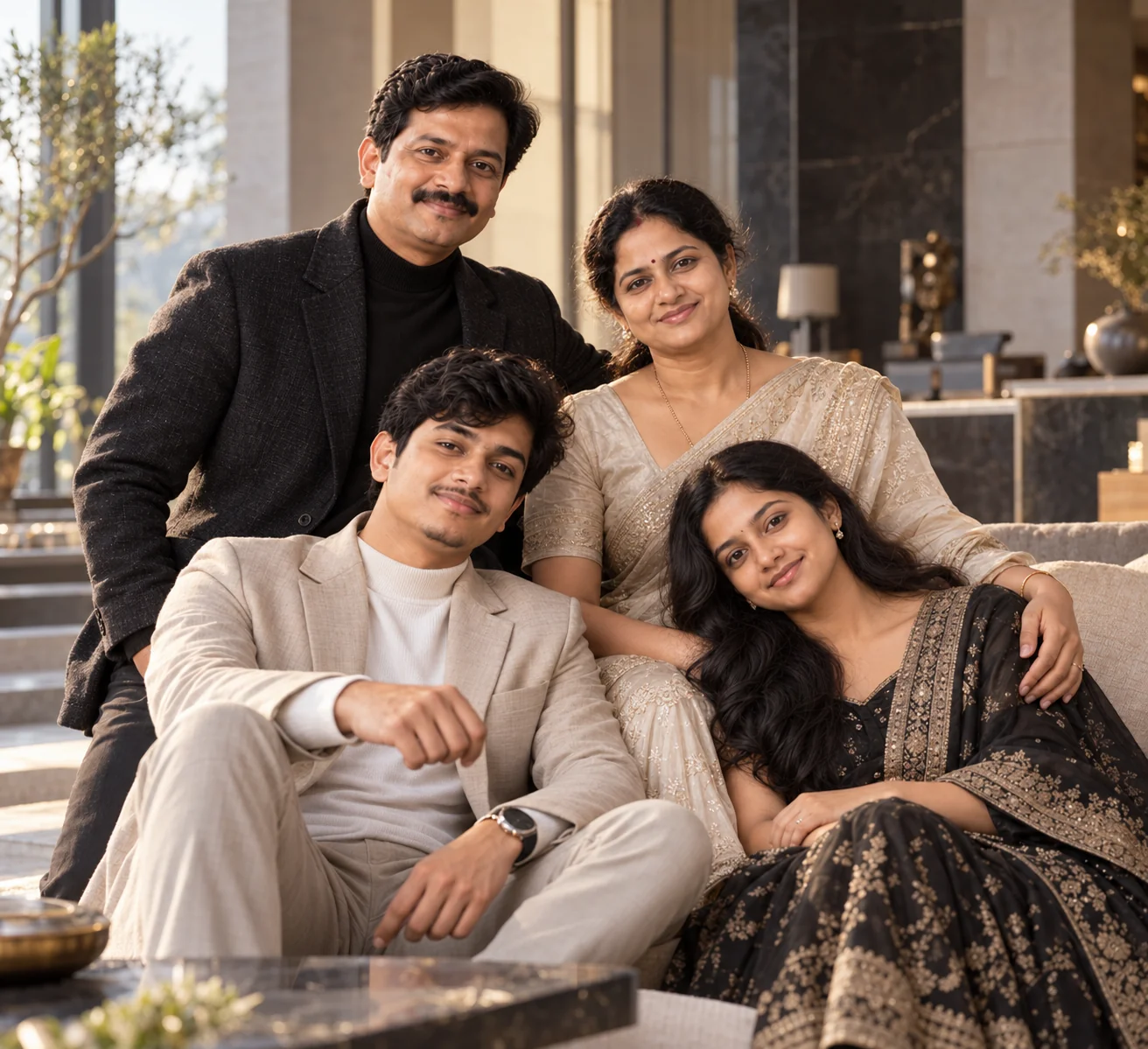Luxury AI family editorial portrait with sophisticated styling and cinematic studio lighting