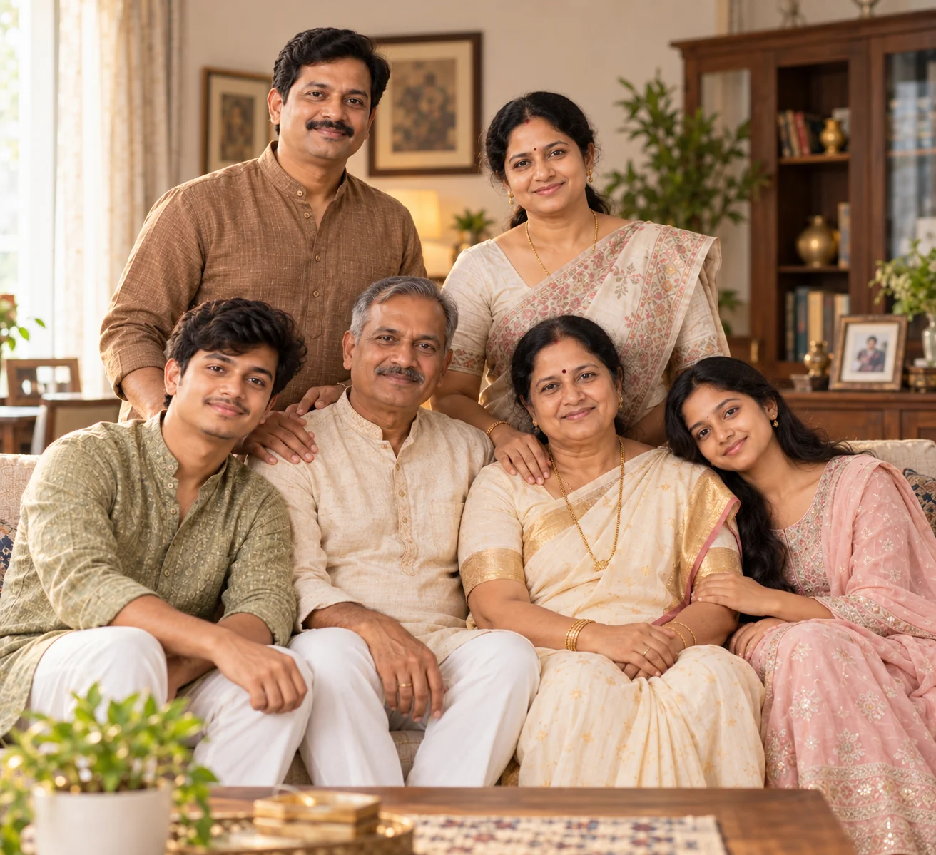Realistic AI multi-generation family portrait with grandparents, parents, and children