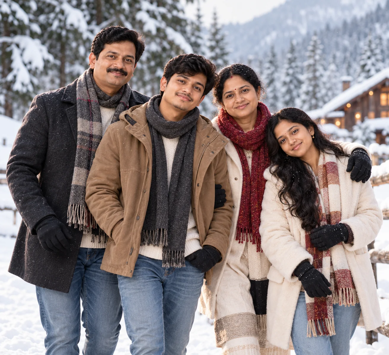 Cozy winter AI family portrait with warm clothing, snow, and soft natural lighting