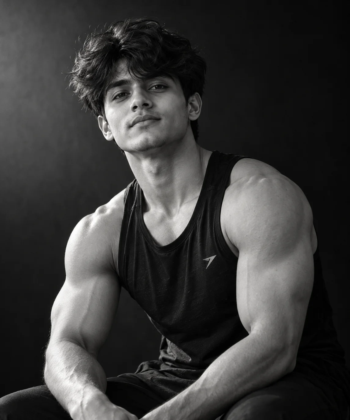 Black-and-white editorial fitness portrait of an adult athletic man with sculptural lighting, realistic muscle definition, and rich monochrome tones
