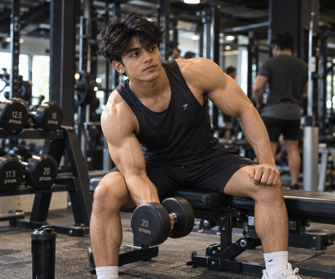 Candid sports photograph of an adult man training with dumbbells in a modern gym with realistic equipment and natural movement