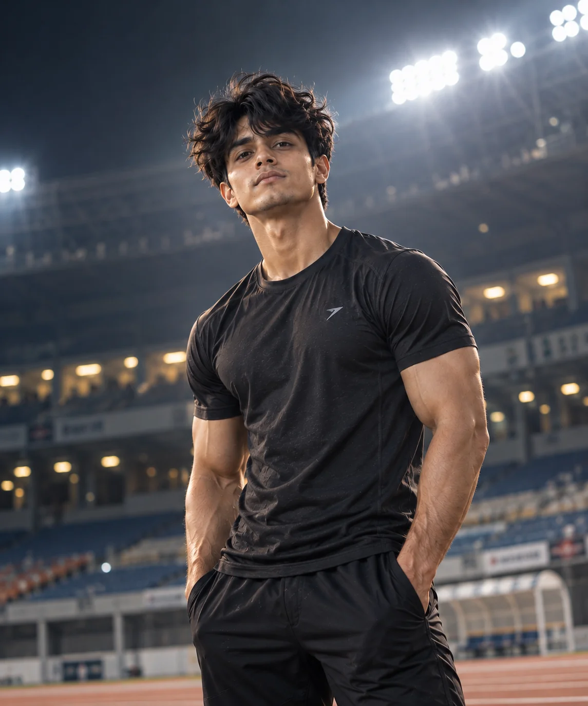 Cinematic portrait of an adult male athlete in a dark sports environment with dramatic stadium lights, atmospheric depth, and realistic athletic details