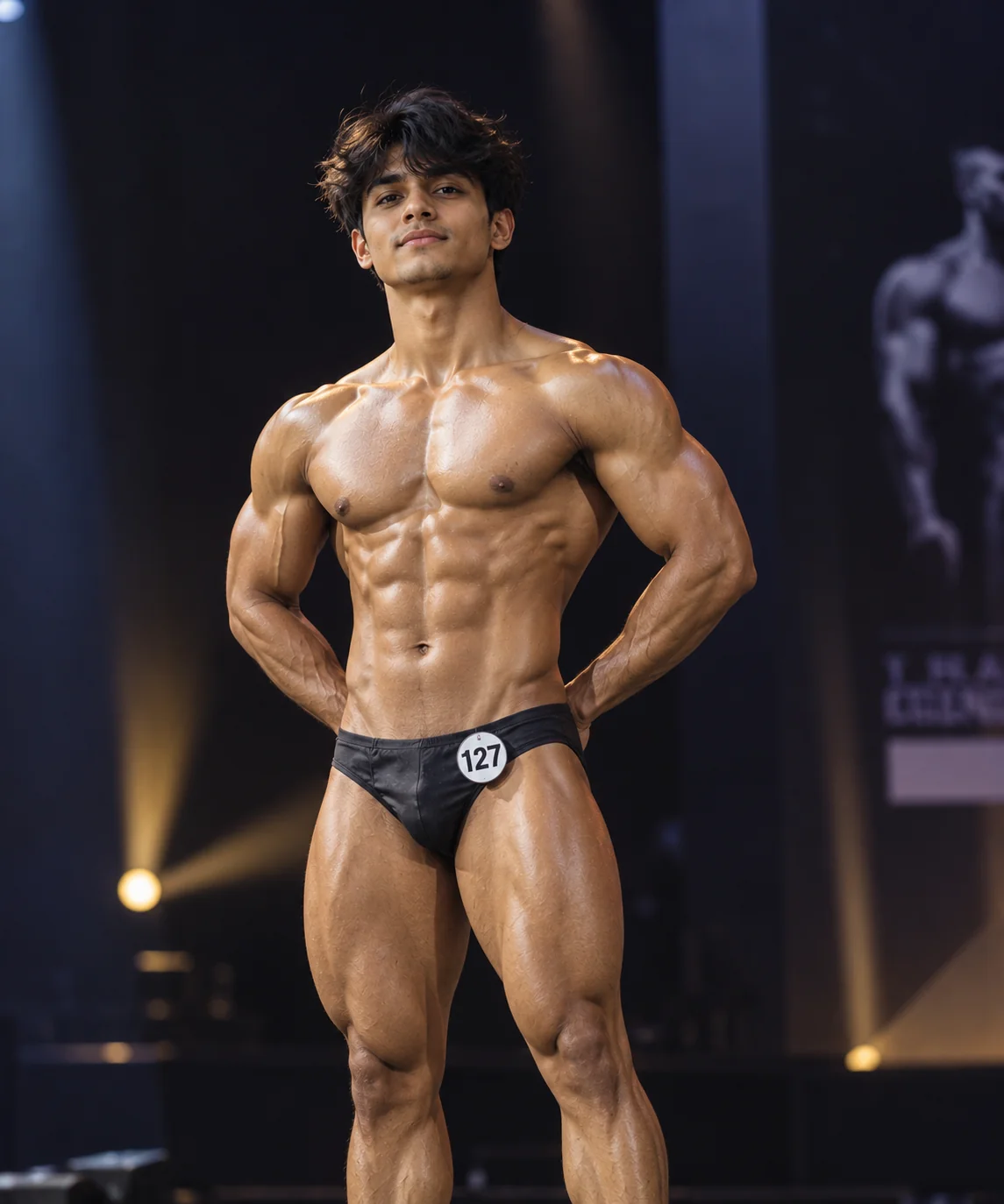 Dramatic bodybuilding competition portrait of an adult male athlete with defined muscles, stage lighting, and a dark competition background