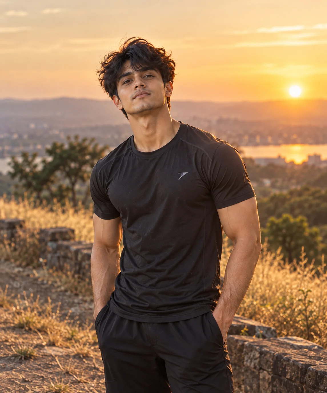 Golden-hour outdoor fitness portrait of an adult athletic man with warm backlighting, natural skin texture, and a scenic open-air background