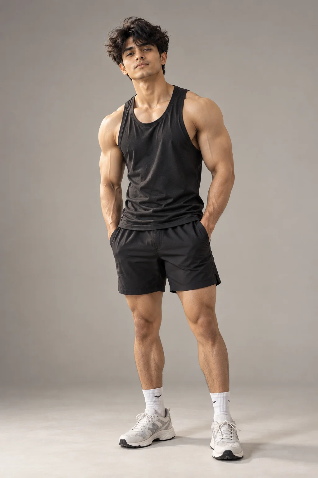 Minimalist studio fitness portrait of an adult athletic man against a plain neutral background with soft directional light and realistic physique details