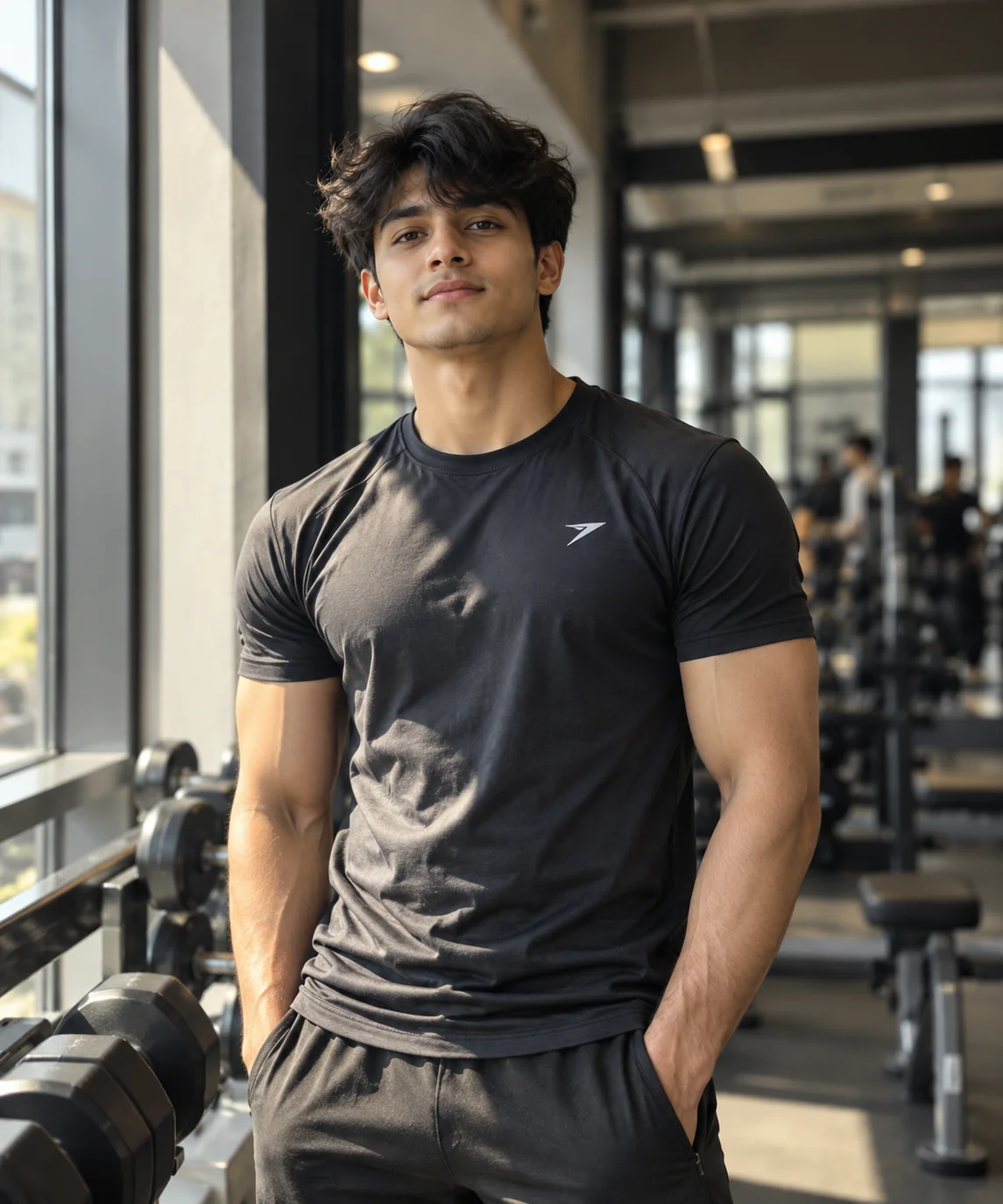 Photorealistic athletic portrait of an adult man wearing a fitted training shirt beside a gym window with soft natural light