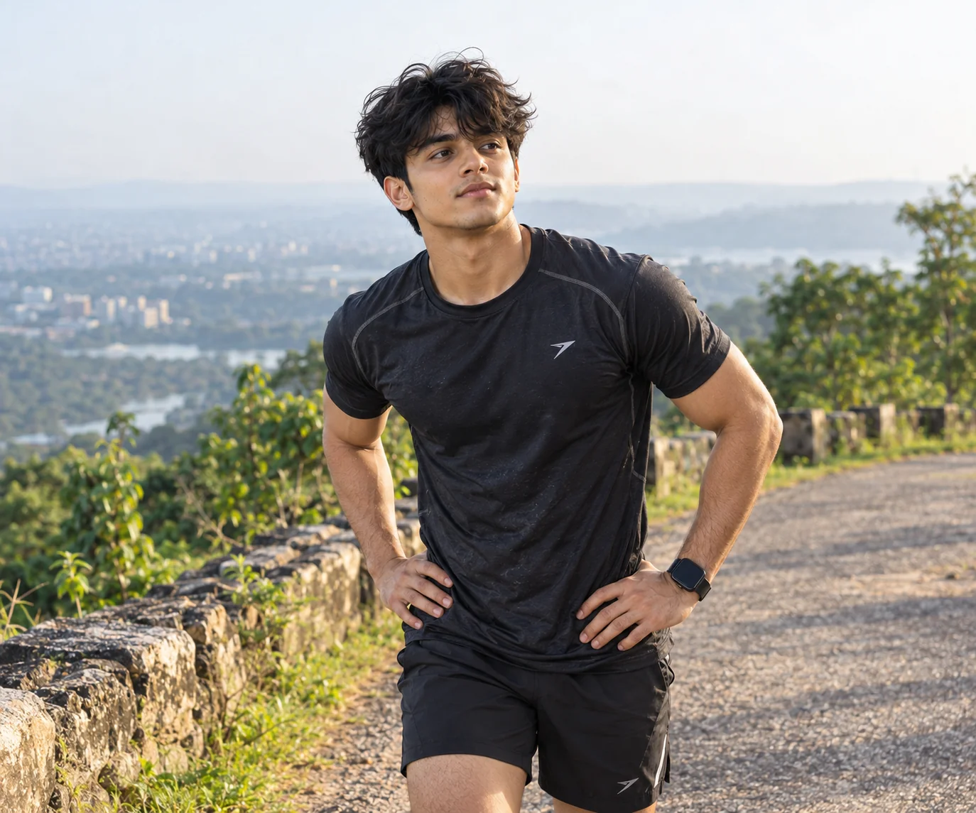 Photorealistic outdoor athletic portrait of an adult male runner on a scenic trail with natural daylight and a realistic sportswear outfit