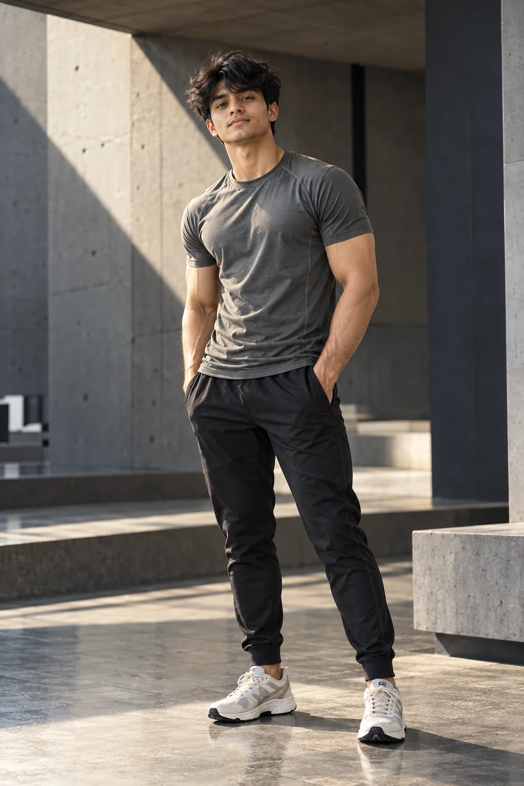 Premium athletic campaign portrait of an adult man wearing modern sportswear in a clean architectural studio with controlled commercial lighting