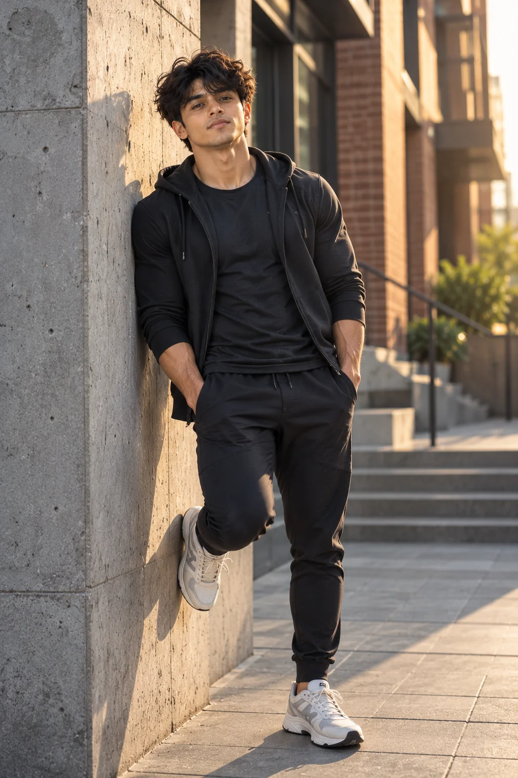 Urban fitness lifestyle portrait of an adult athletic man wearing modern streetwear against a textured city wall with natural urban lighting