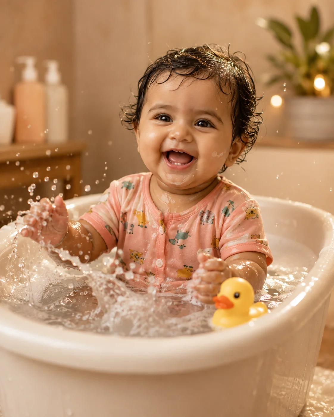 Baby bath time AI image prompt for baby photography — 4K lifestyle portrait
