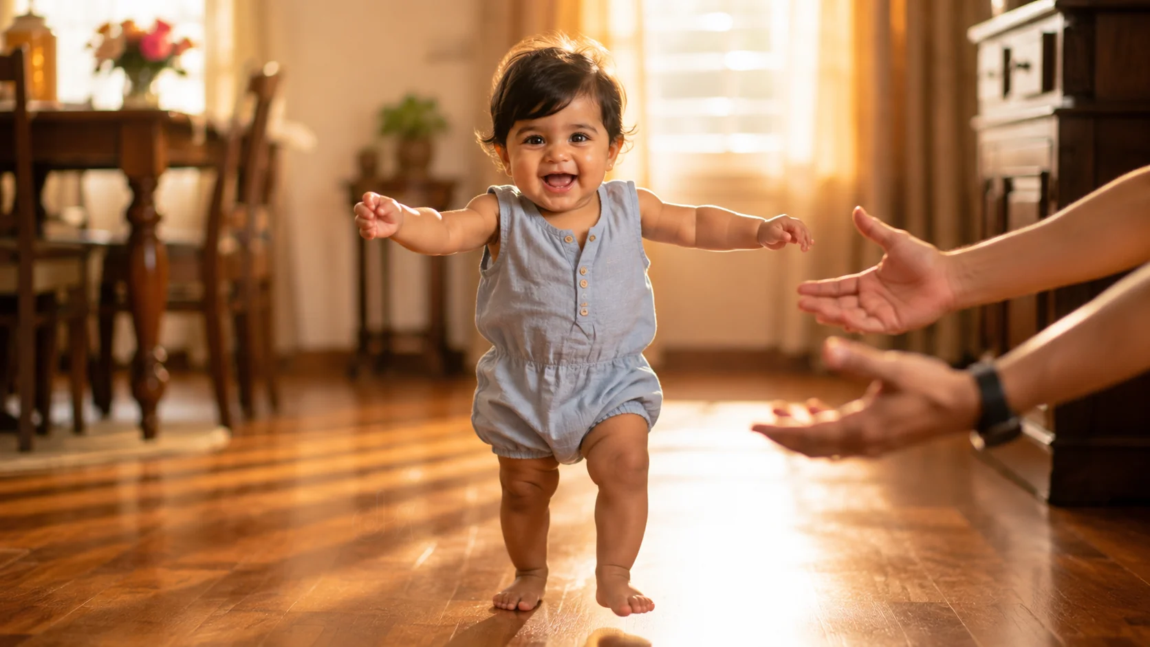Baby first steps AI image prompt for baby photography — 4K milestone portrait
